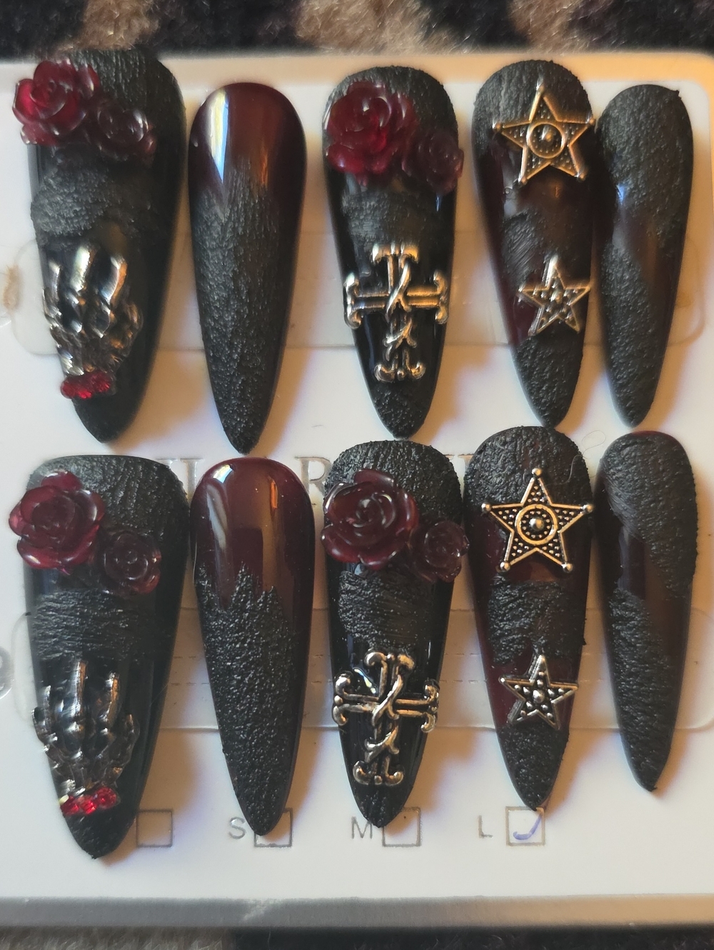 Gothic Black & Burgundy 3D Rose Stiletto Press-On Nails Large